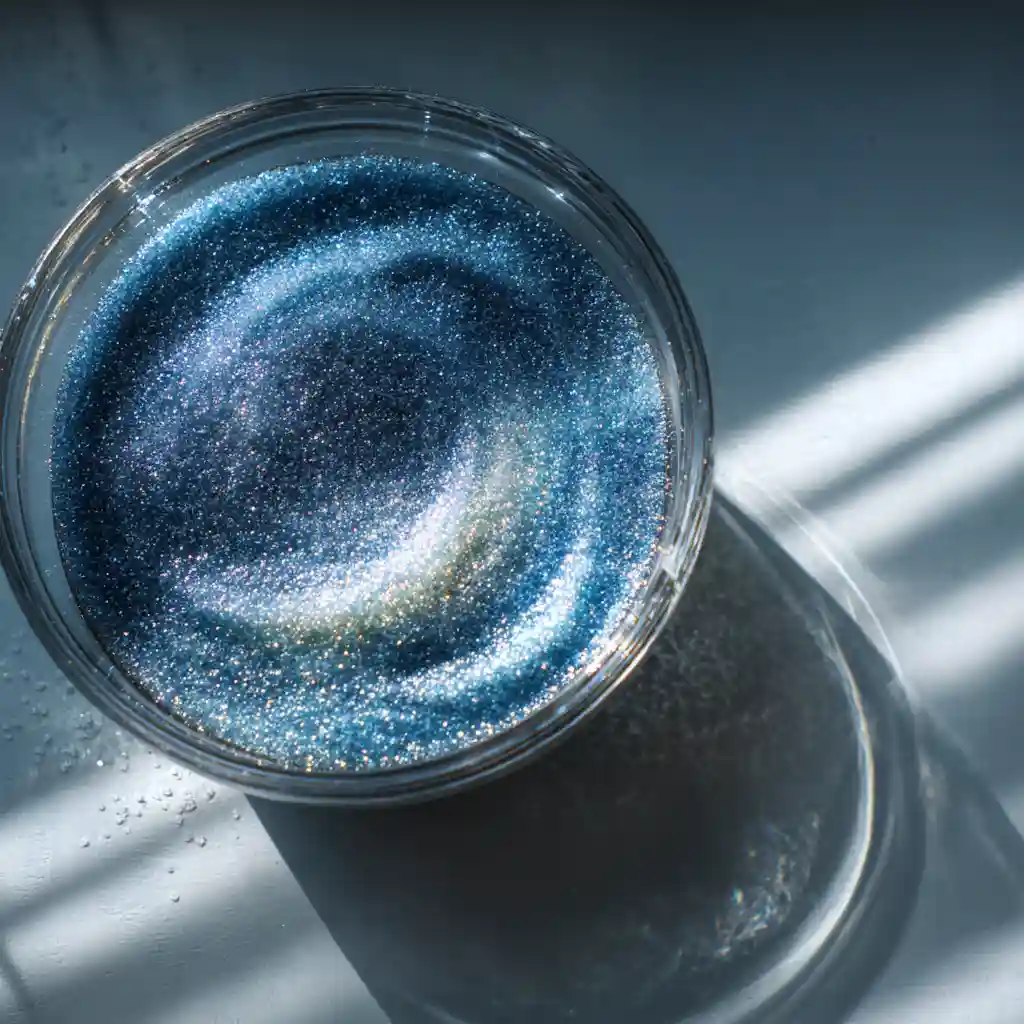 Overhead view of blue salt swirling in a clear bowl – visual meditation ritual