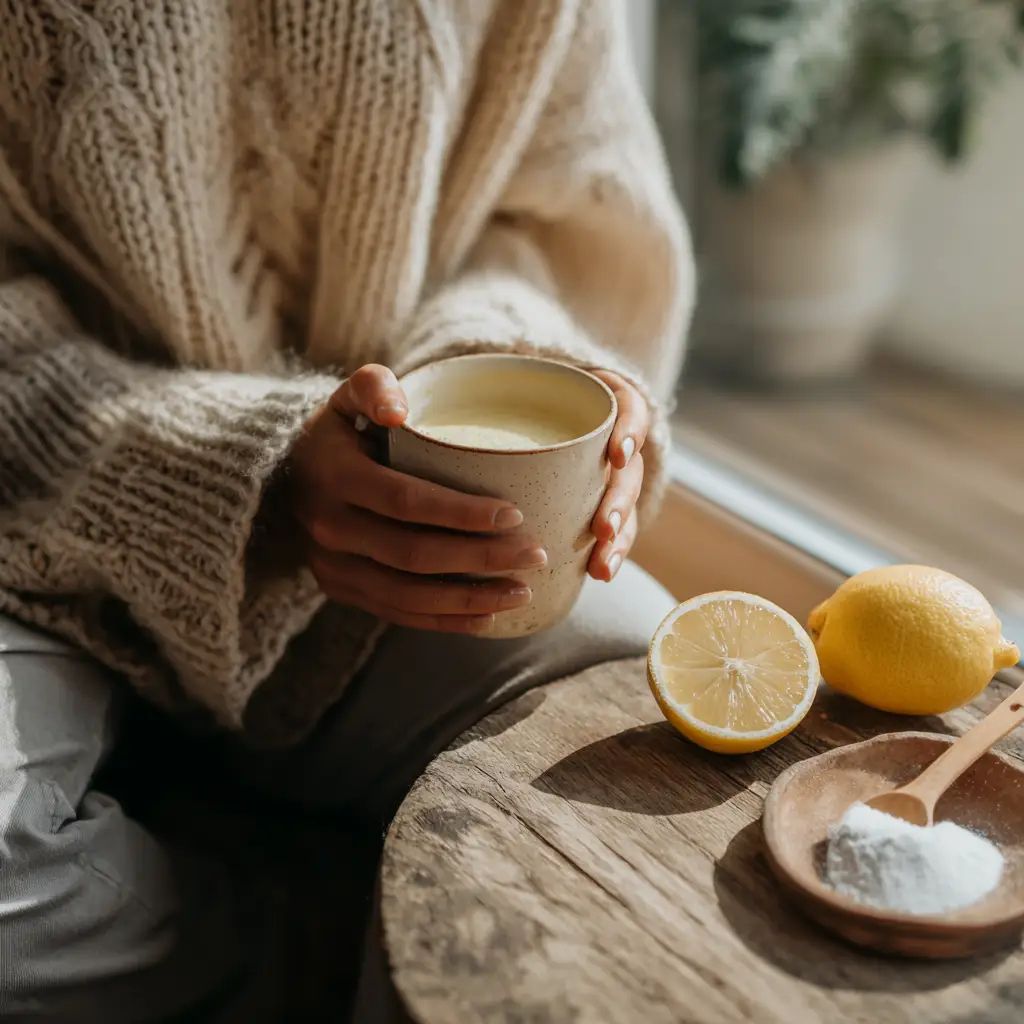 Person holding mug of Brazilian Mounjaro drink in cozy living room
