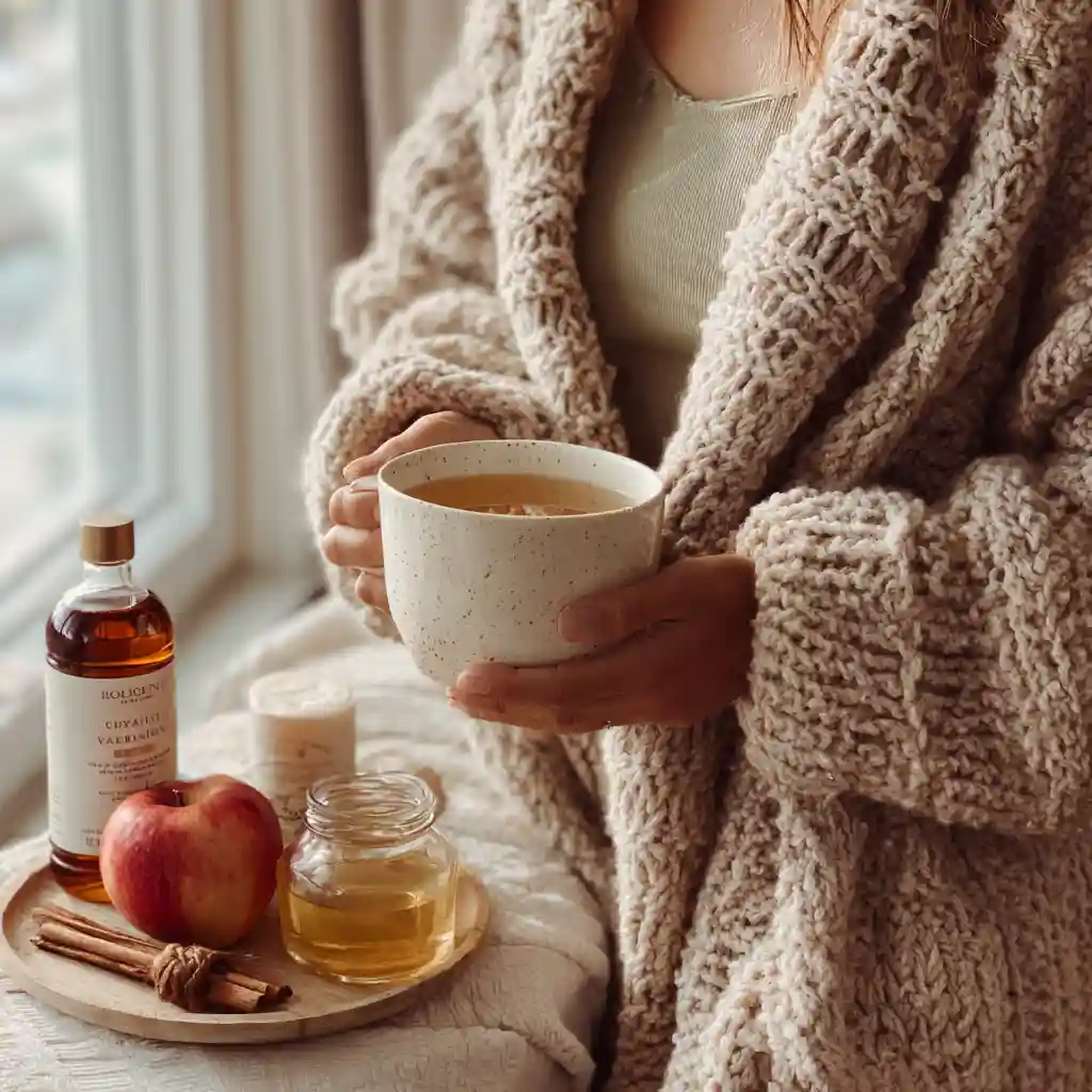 Person in cozy cardigan holding a Brazilian Mounjaro ACV drink in living room