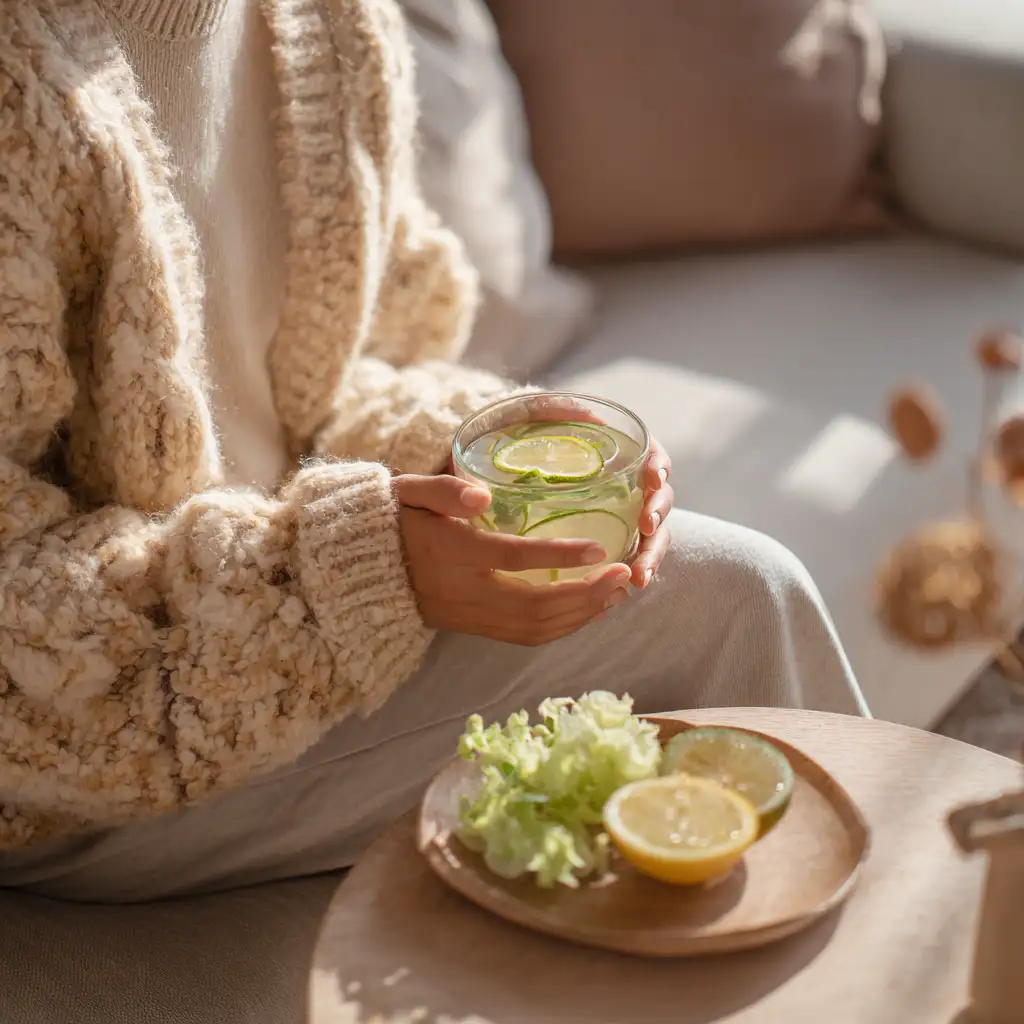 Relaxed home scene with person holding detox water and ingredients on side table