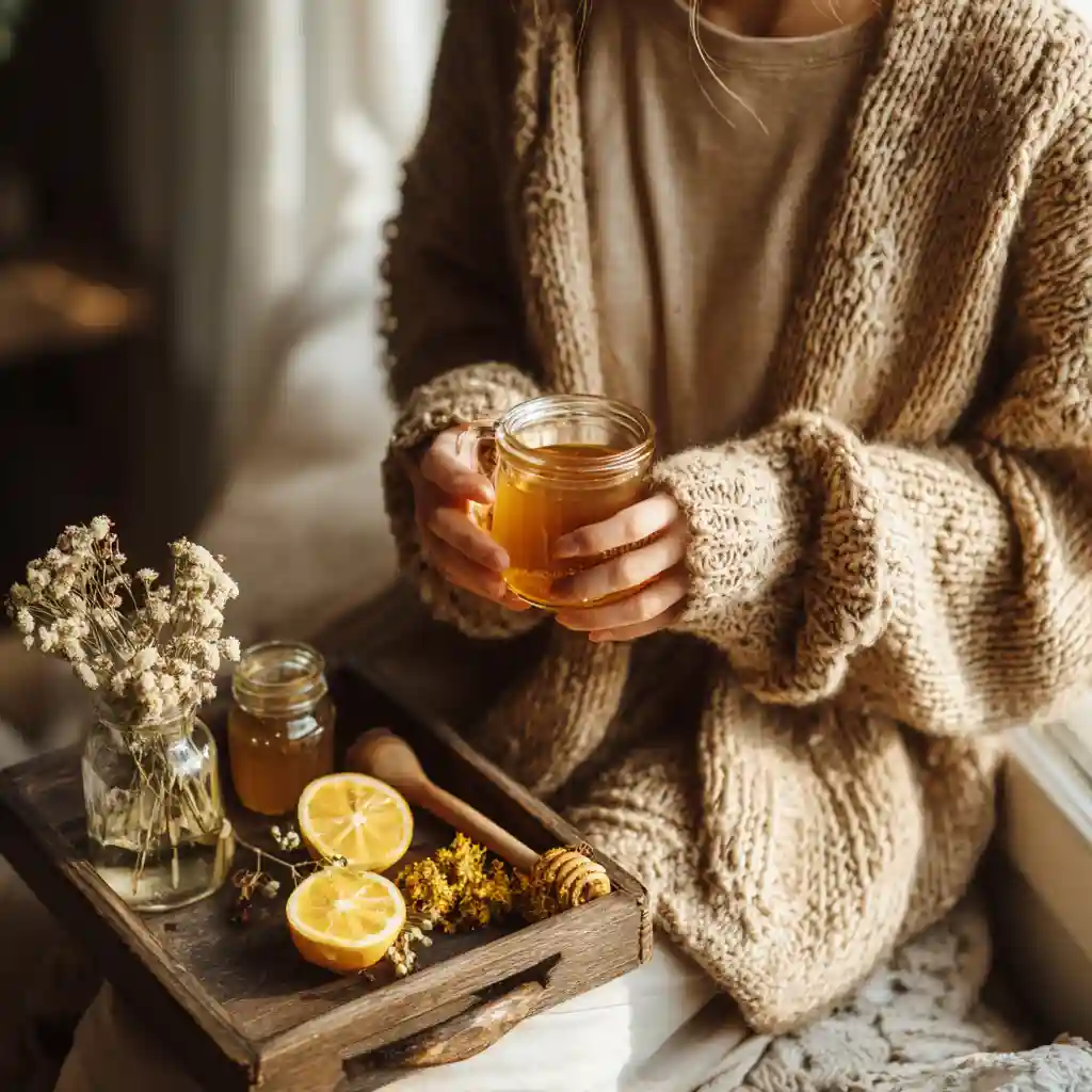 Relaxed living room scene with honey drink and ingredients