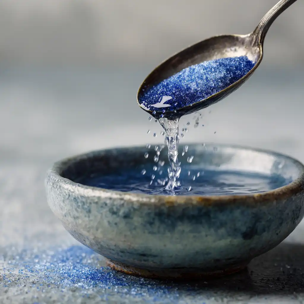 Teaspoon pouring natural blue salt into water