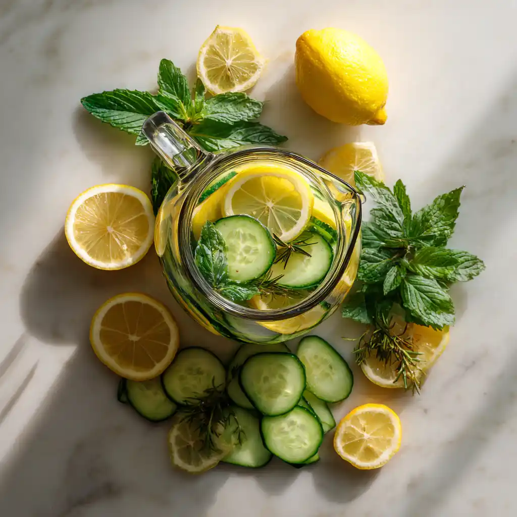 lemon water weight loss_Top-down view of lemon cucumber water for detox