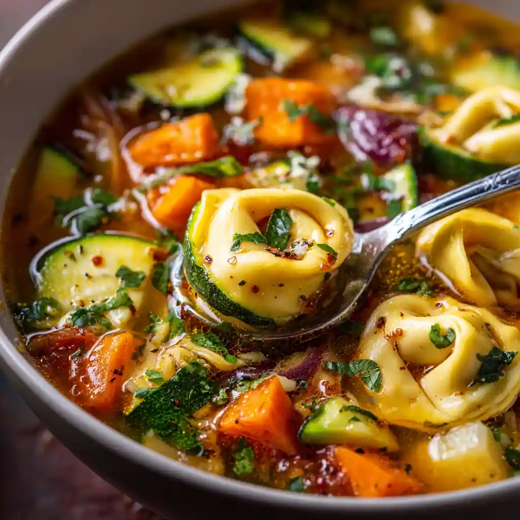 Close-up of creamy tortellini soup with kale, herbs, and steam rising