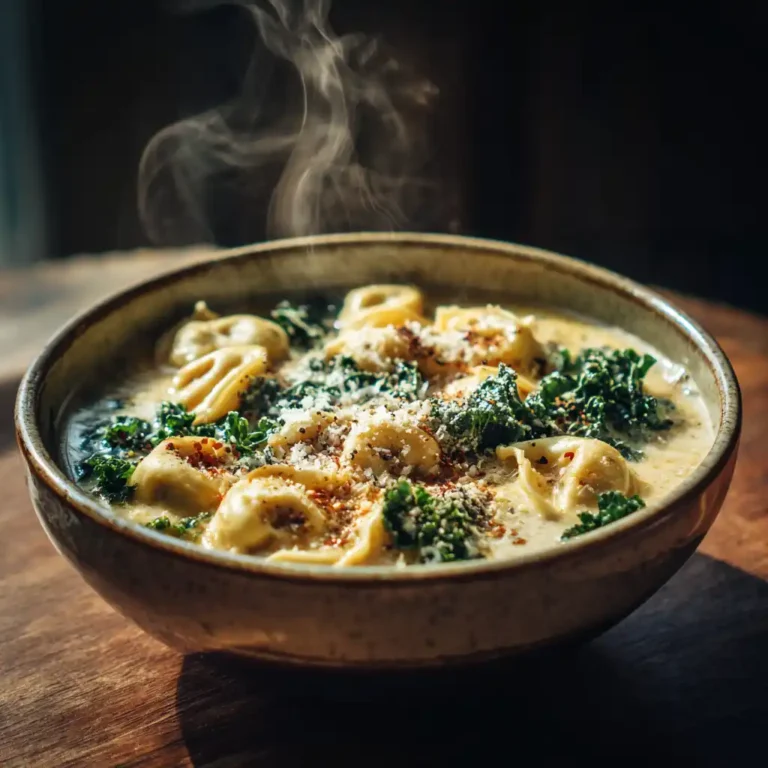 Hand holding a bowl of healthy tortellini soup near a sunlit window