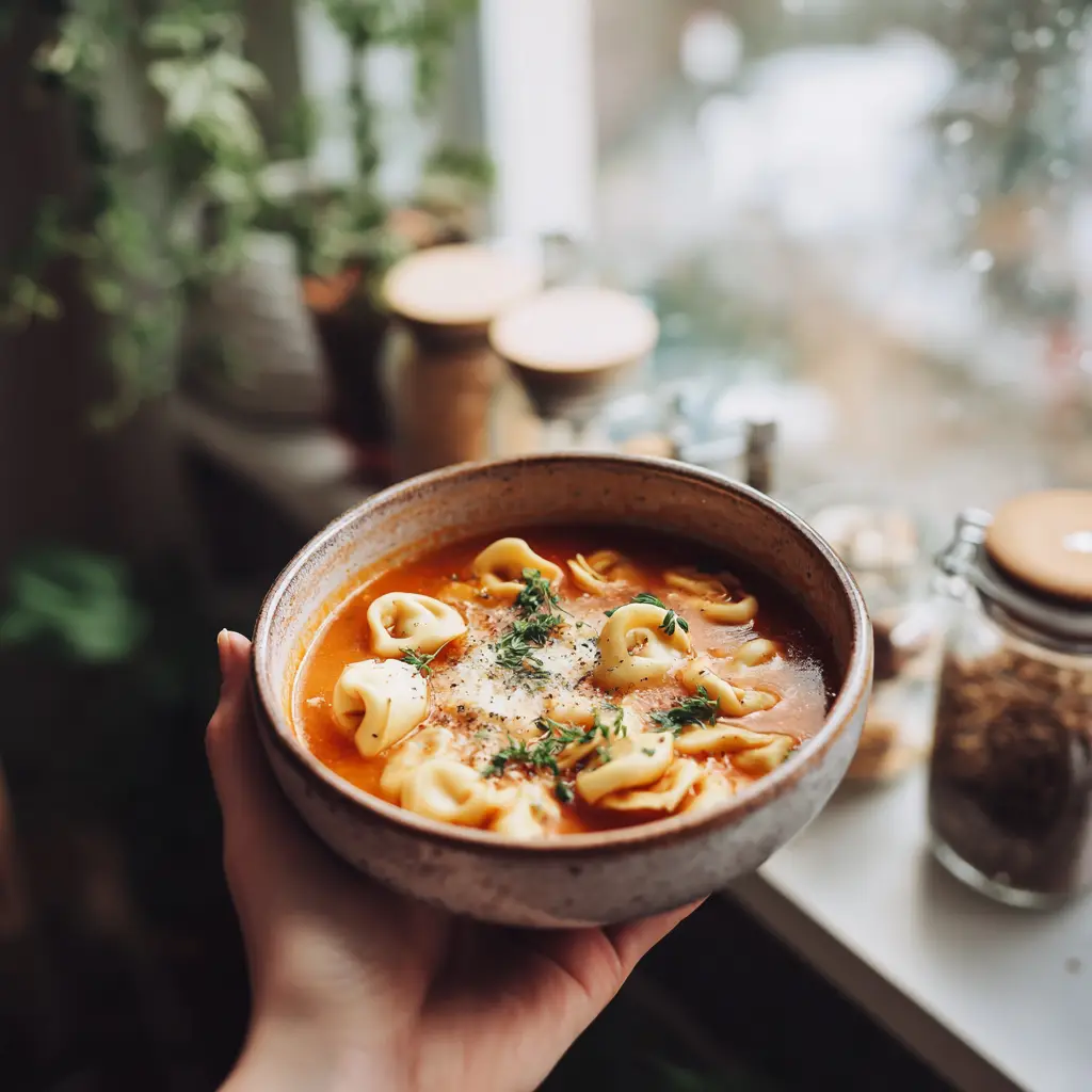tortellini-soup-modern-flatlay Overhead shot of tortellini soup ingredients with a styled bowl