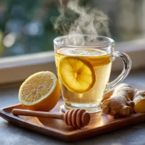 Warm lemon weight loss drink in a clear glass mug with fresh ginger and honey