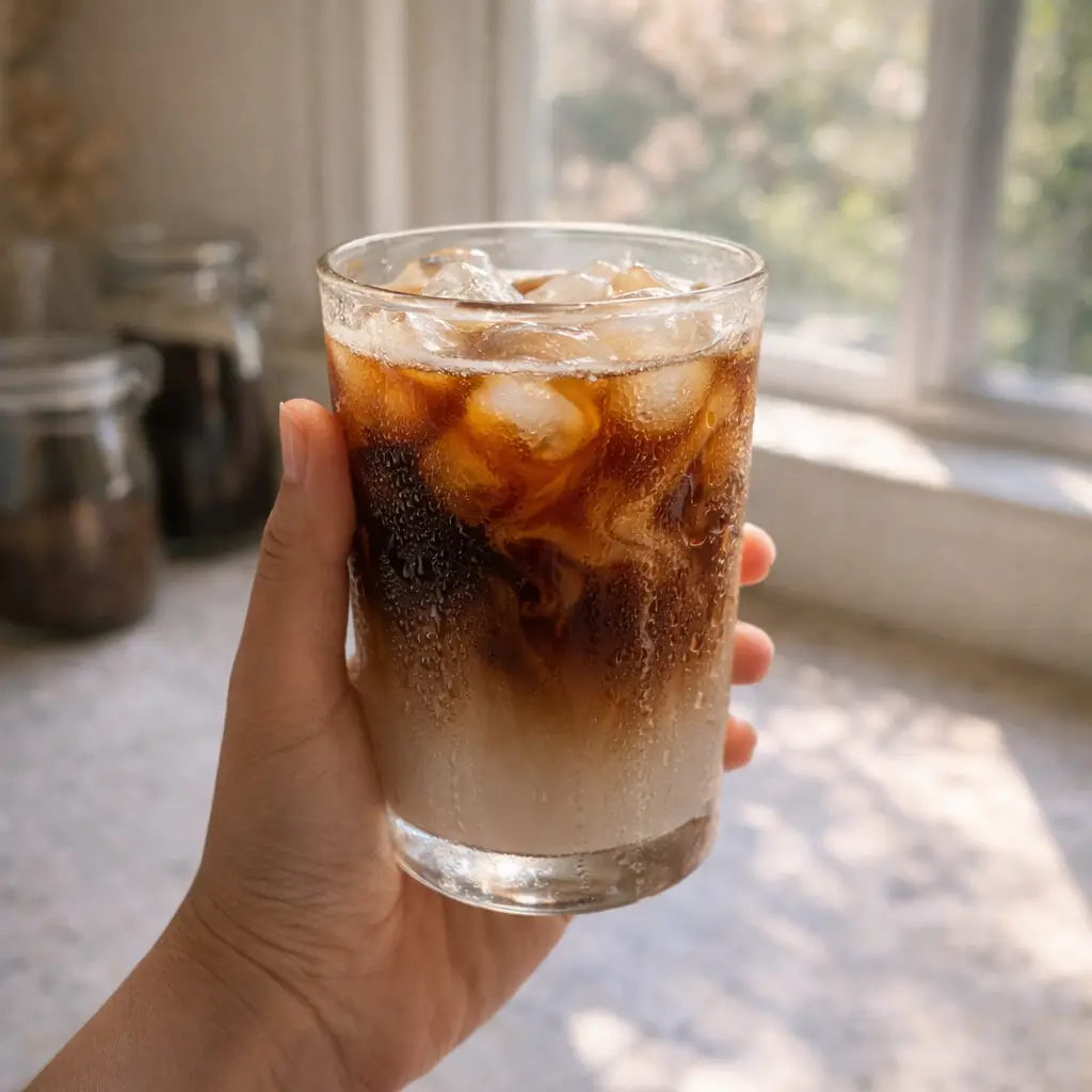 Hand holding a healthy cold brew coffee near a bright kitchen window – cozy wellness morning vibe