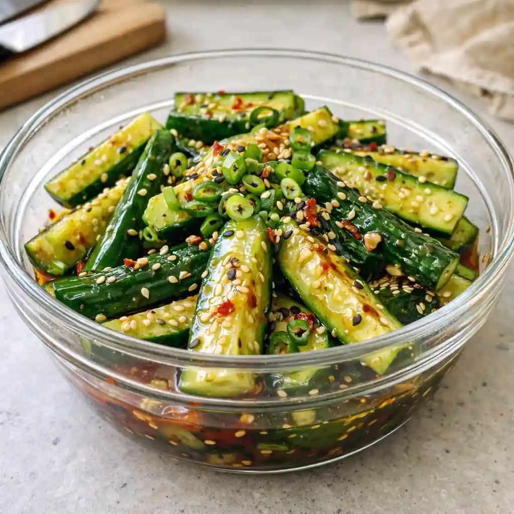 Asian-style viral cucumber salad with cucumber spears, chili oil, and sesame dressing in a glass bowl
