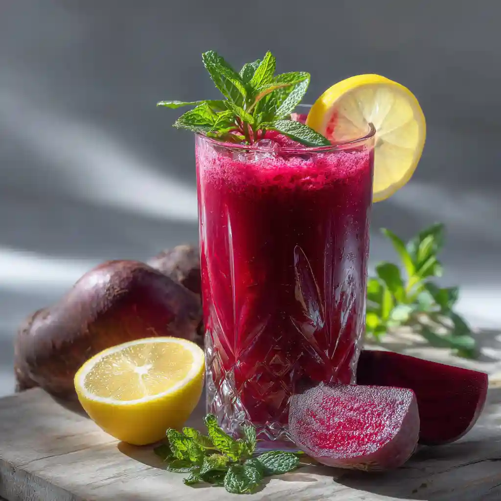 Cozy living room scene with a person holding beet juice and a side table displaying beet, lemon, ginger, apple, and mint