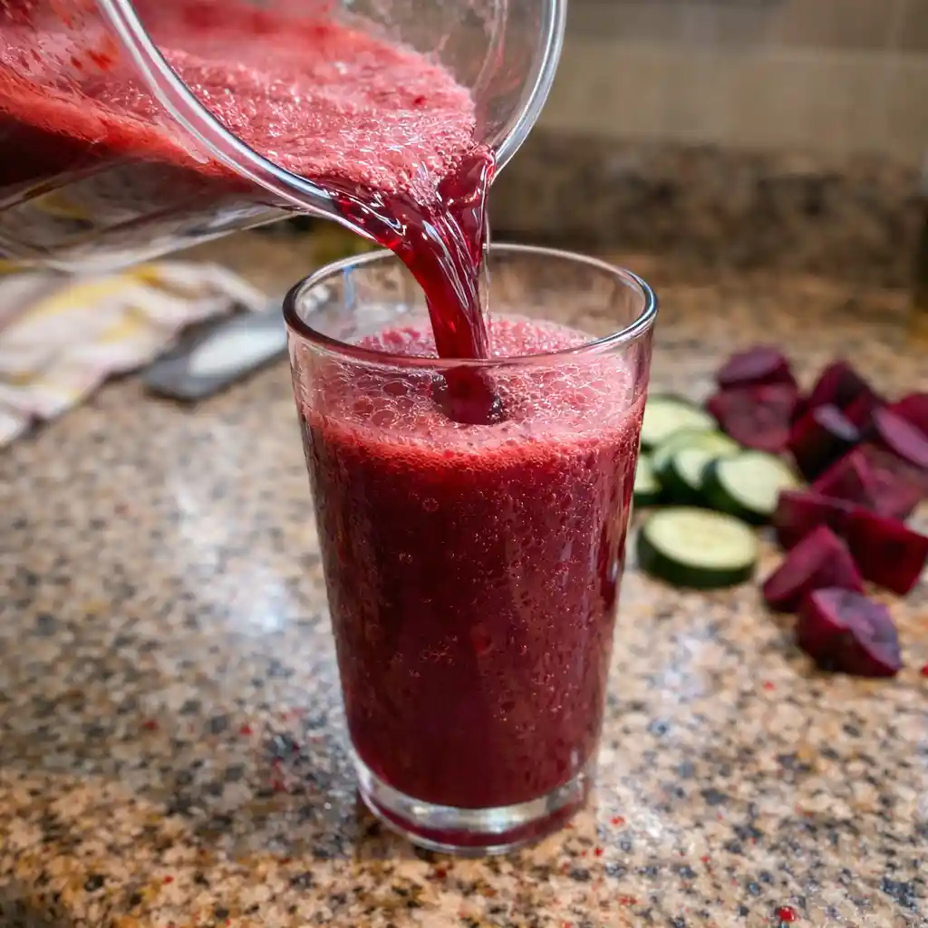 beet-lemon-cucumber-juice-pour-shot Beet lemon cucumber juice being poured from a blender jar – simple liver detox foods drink