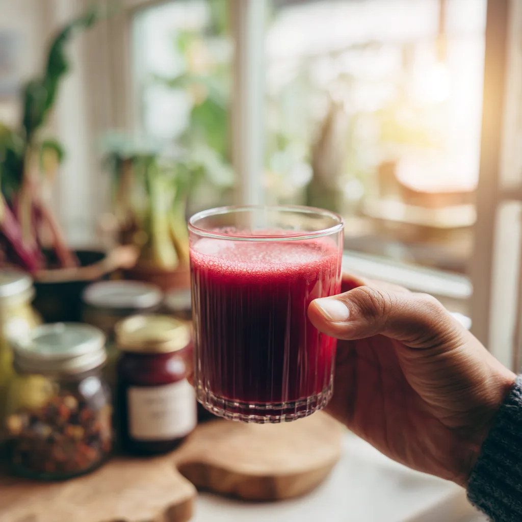 beetroot-juice-for-weight-loss-pour Beet juice for weight loss being poured from a bottle into a glass with apple and ginger on the side