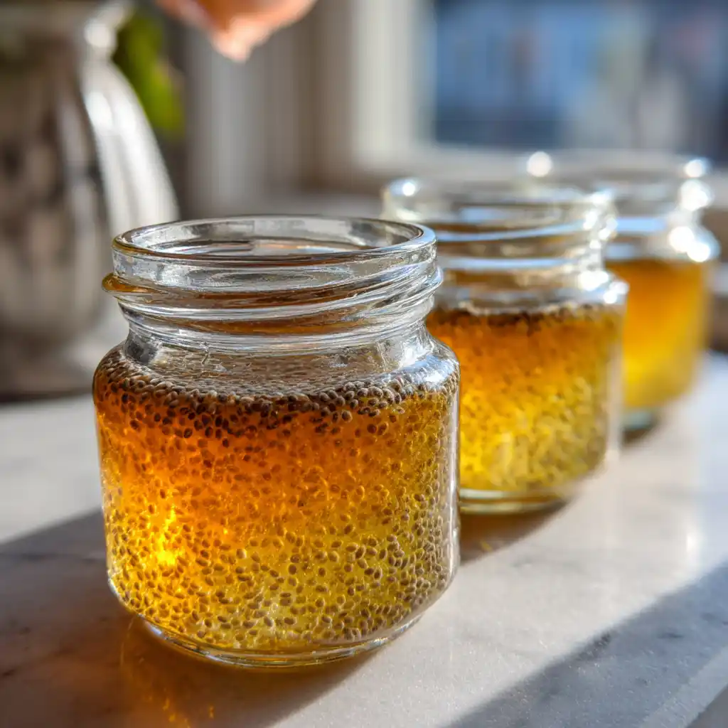 Hand holding a jar of chia gelatin weight loss recipe by a sunlit kitchen window