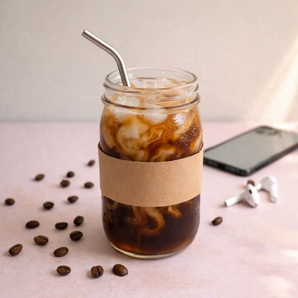 Gen Z iced coffee lifestyle setup with mason jar cold brew, reusable straw, and coffee beans