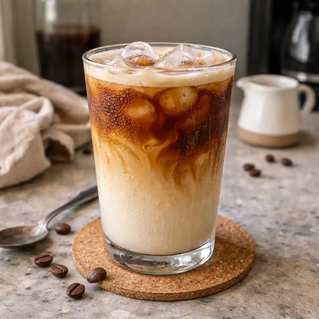 Espresso poured over ice creating a layered iced latte – social media coffee trend look
