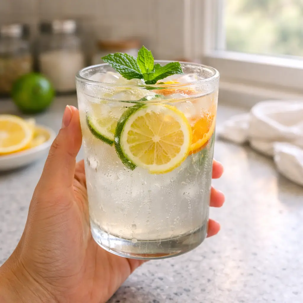 Hand holding a homemade electrolyte drink by a sunny kitchen window – wellness morning hydration