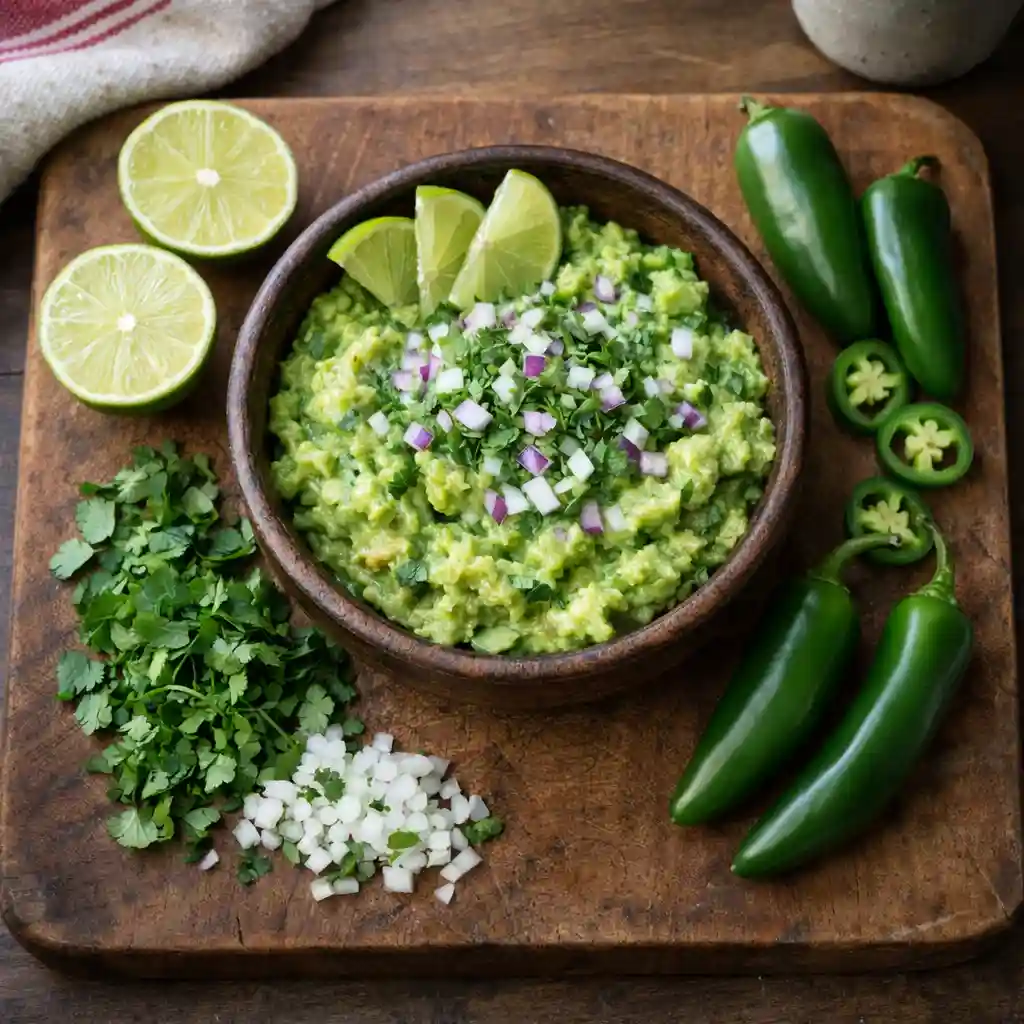 Overhead featured photo of fresh easy guacamole with ingredients