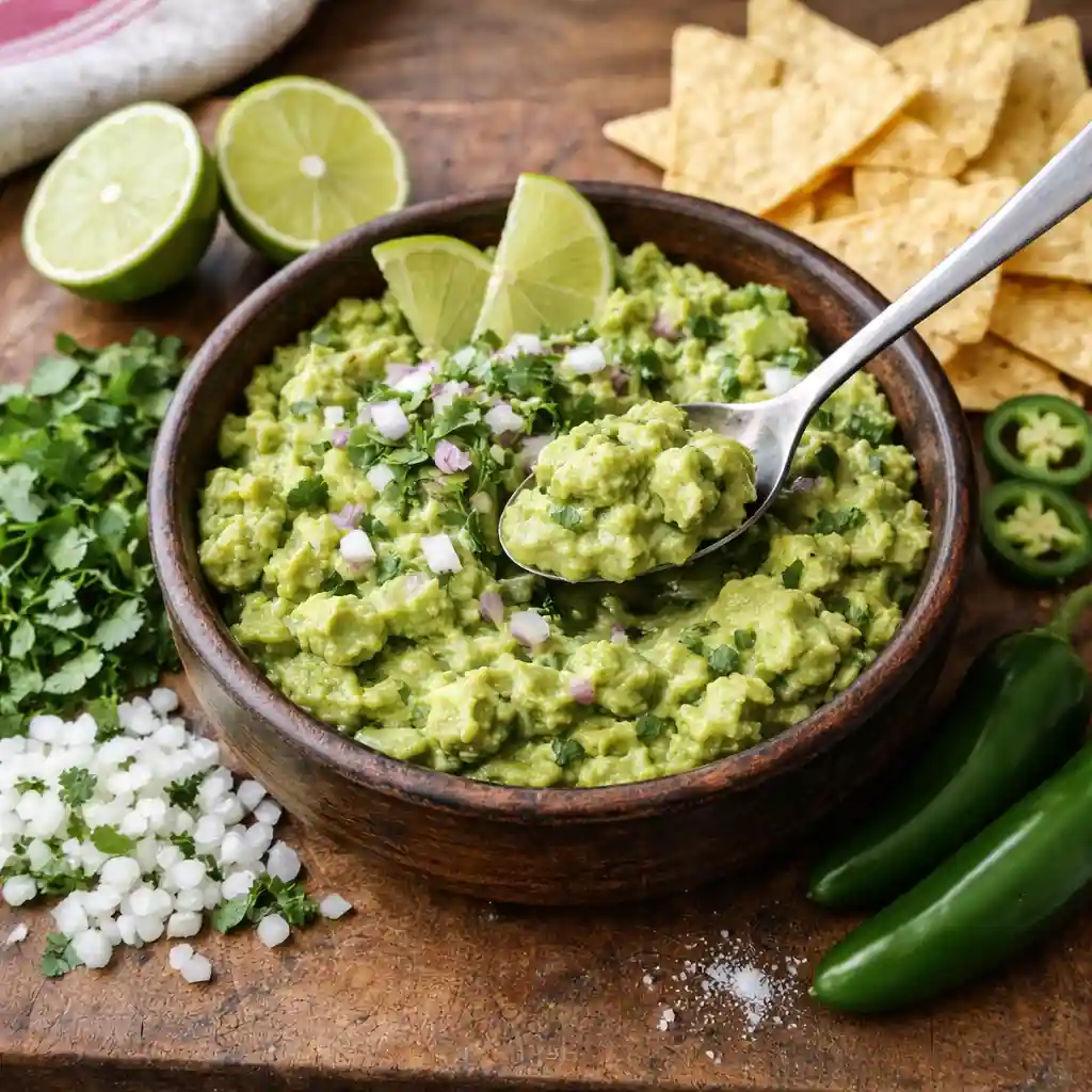 Chunky guacamole with spoon showing texture