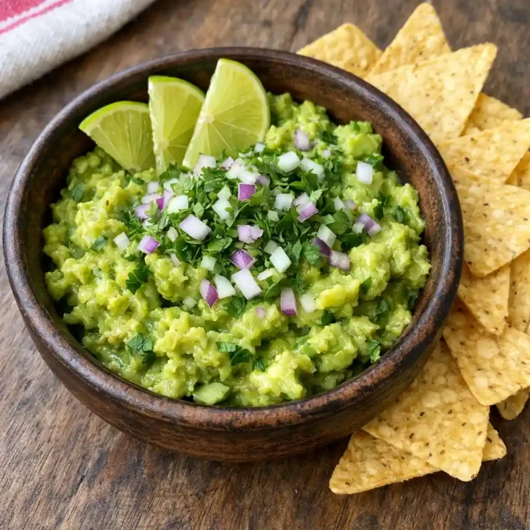 Easy guacamole recipe in a rustic bowl with lime, onion, and cilantro
