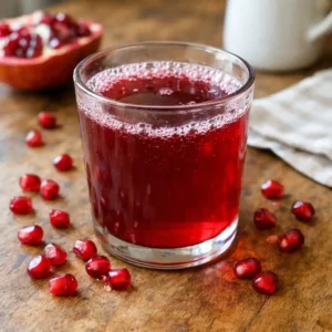 Fresh pomegranate juice in a clear glass with ruby red color