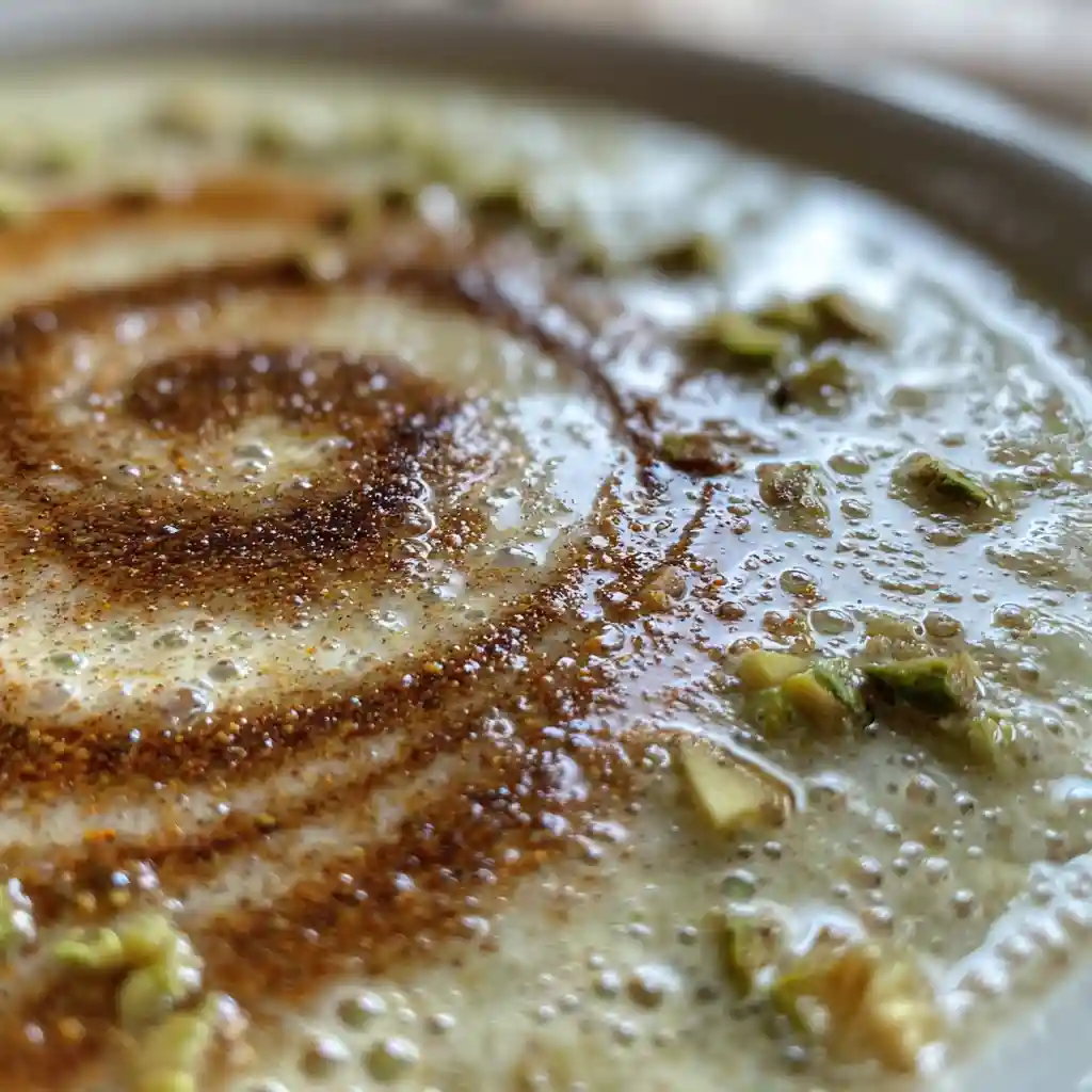 Close-up of cinnamon swirl on a green banana smoothie for steady glucose-friendly breakfast