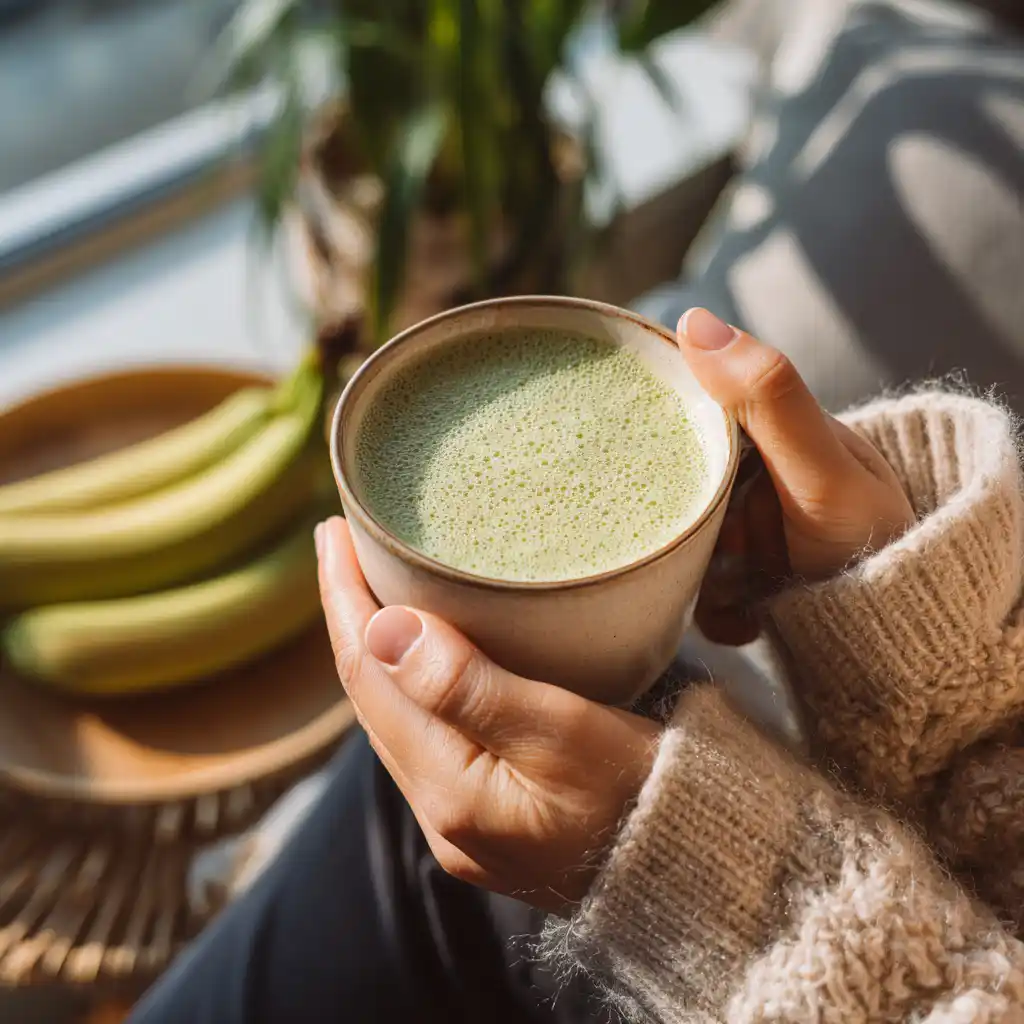 green banana trick for diabetes - Cozy living room scene with a person holding a green banana smoothie and ingredients on a side table