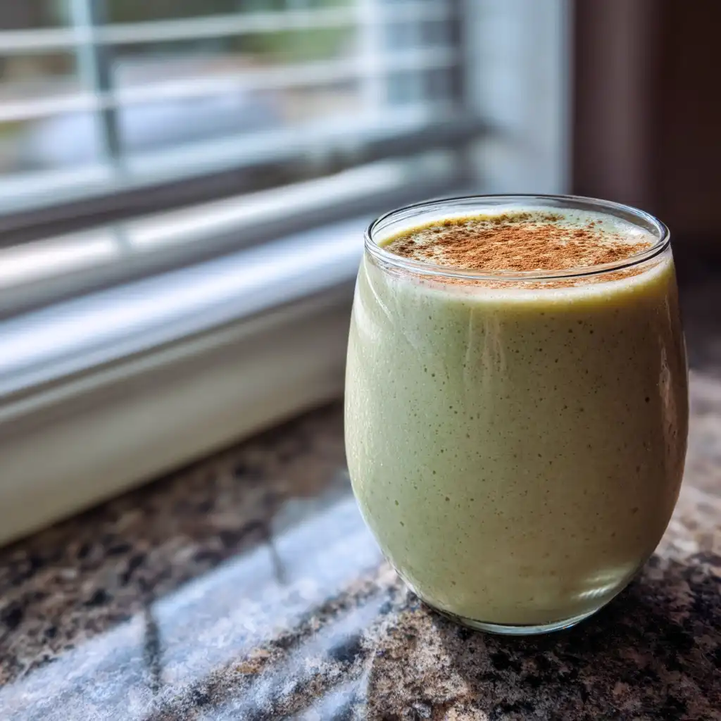 Green banana smoothie for blood sugar support with cinnamon in a clear glass