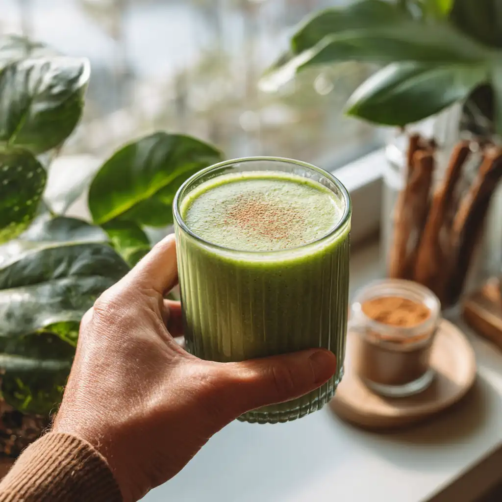 green banana trick for diabetes - Hand holding a freshly made green banana smoothie by a sunny kitchen window