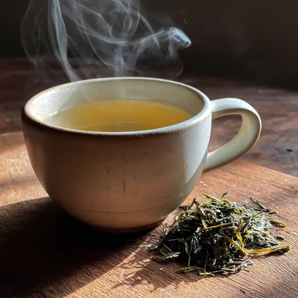 Person in cozy cardigan holding green tea in a relaxed living room