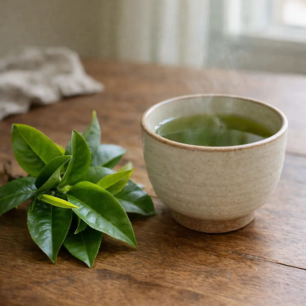 green tea health benefits and a steaming cup displayed in soft window light