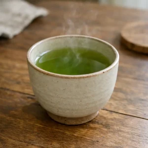 Freshly brewed cup of green tea with steam rising in natural morning light