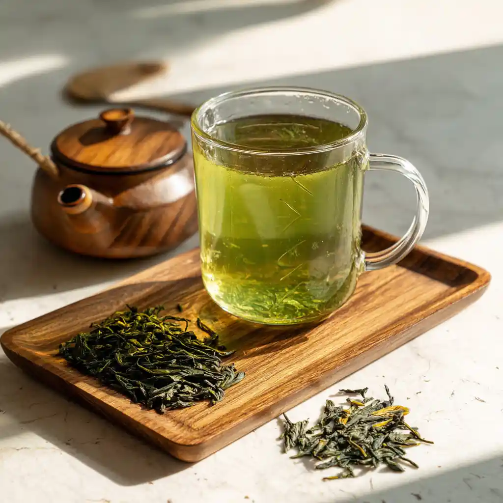 Hand holding a cup of fresh green tea near a bright kitchen window