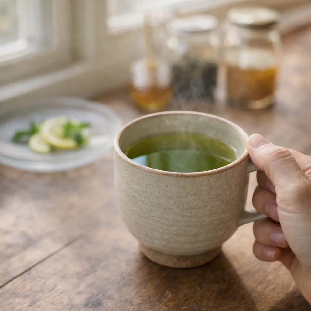 green tea health benefits - Hand holding a warm cup of green tea near a bright kitchen window