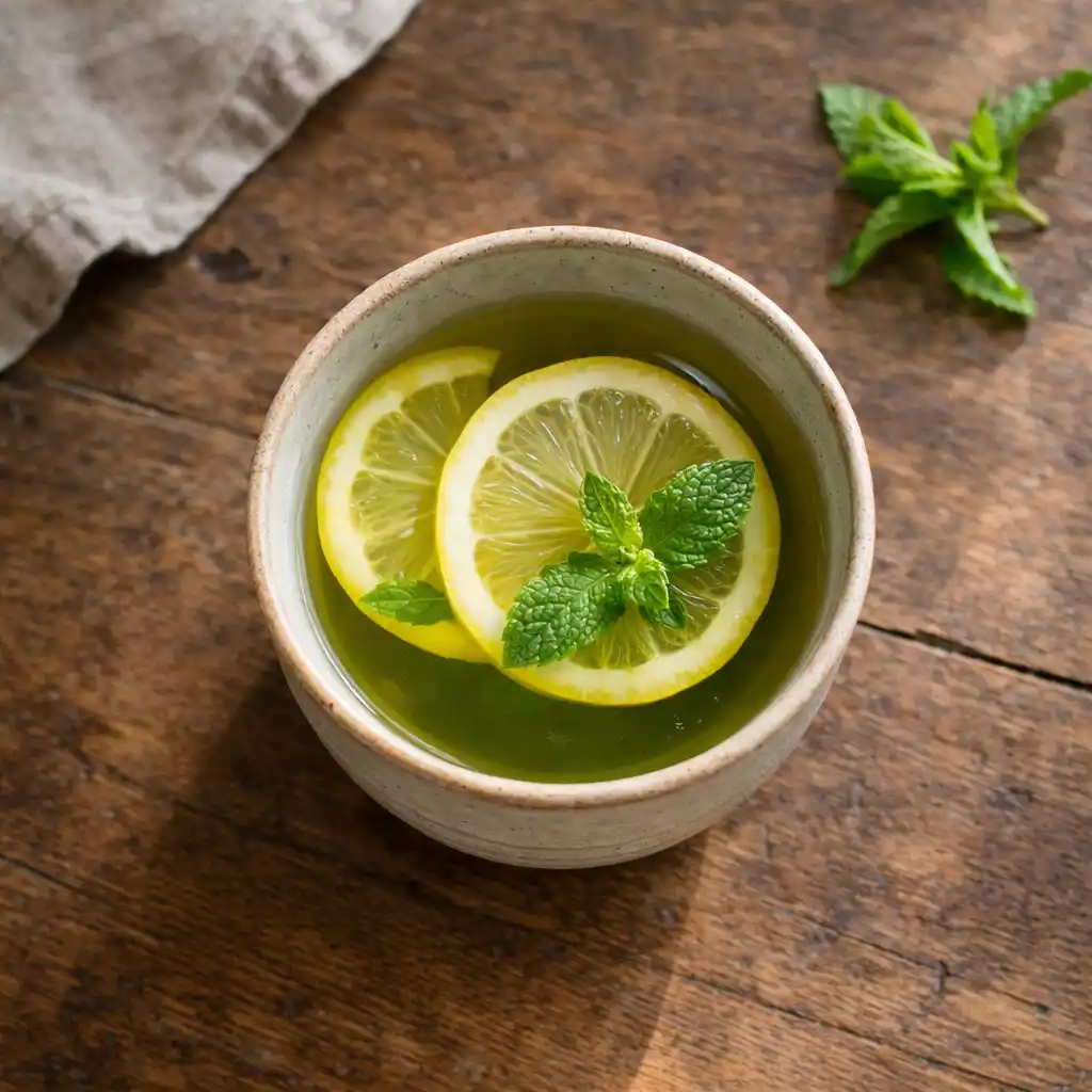 Overhead shot of green tea health benefits with lemon and mint on a rustic table