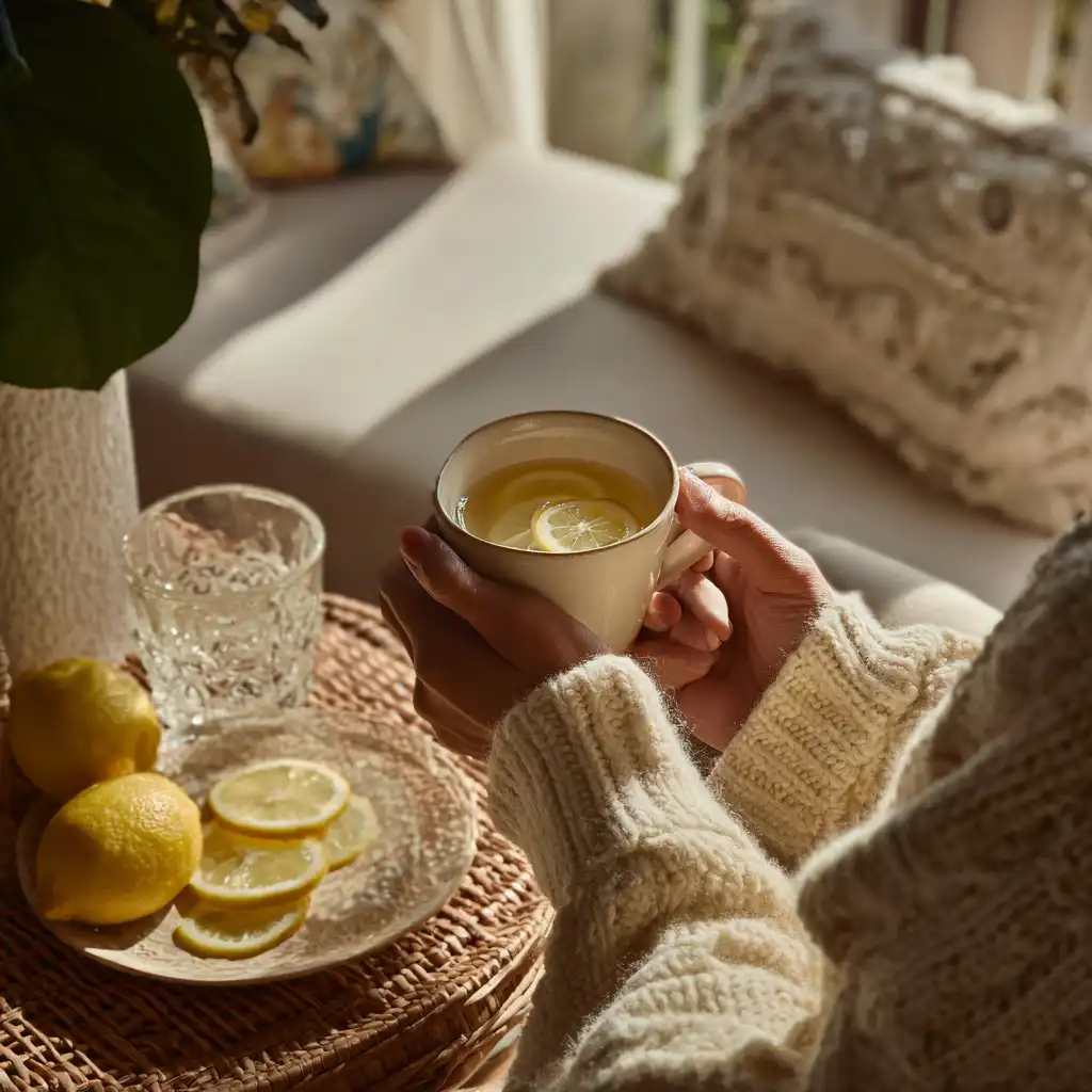 Hand holding a frosty glass of lemon water by a bright kitchen window – wellness morning vibe