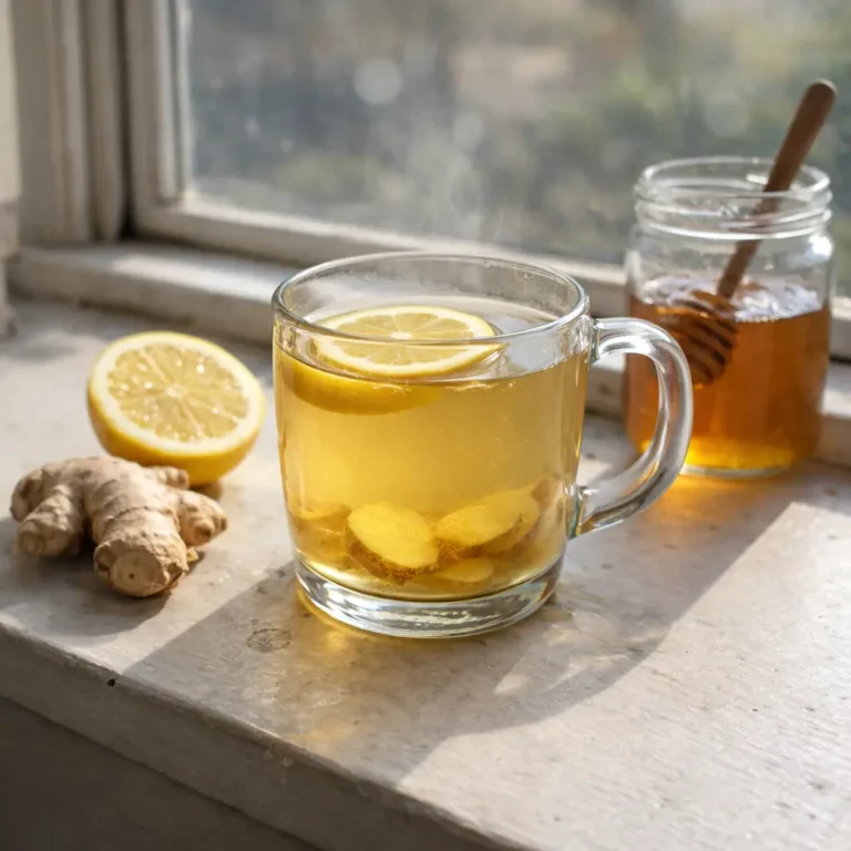Top-down hangover reset drink setup with warm lemon ginger honey water, lemon wedges, ginger, and sea salt
