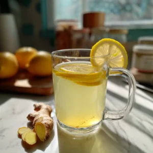 Warm lemon-ginger water in a mug — soothing healthy drink for weight loss and digestion support