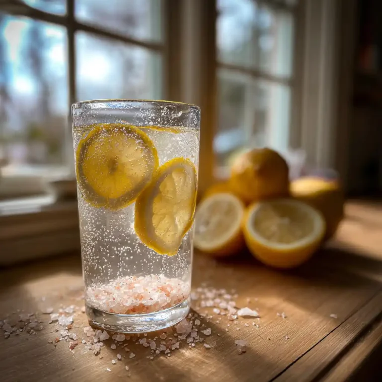 Morning lemon water with pink salt in a glass — simple healthy drink for weight loss hydration