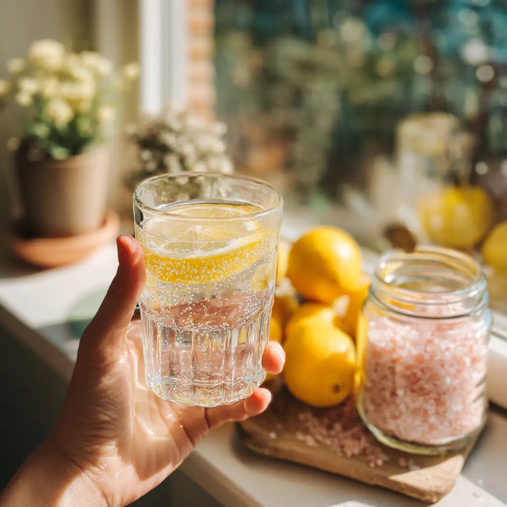 healthy-drinks-for-weight-loss-lifestyle-lemon-water healthy drinks for weight loss - Hand holding lemon water with pink salt by a bright kitchen window — healthy morning weight loss drink