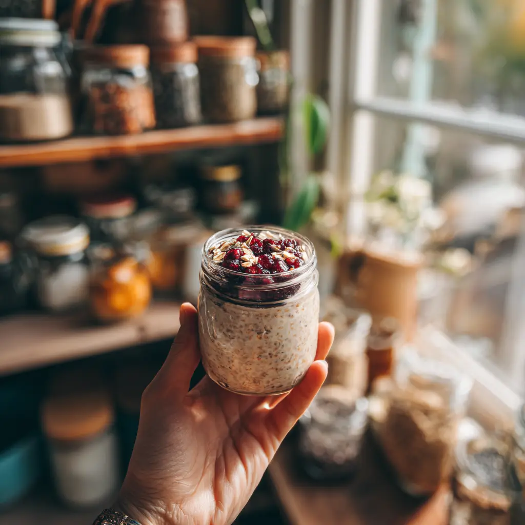 Two meal prep jars of healthy overnight oats recipe for weight loss on a bright kitchen counter