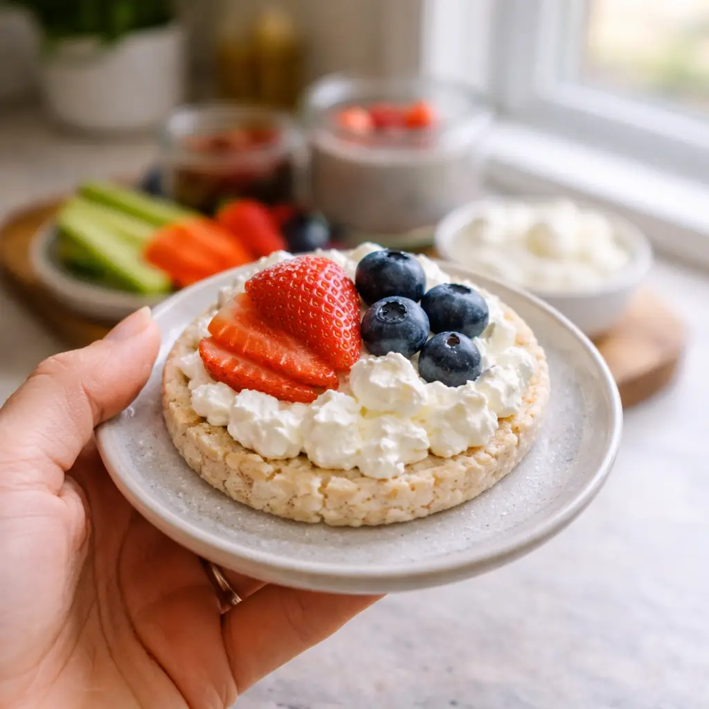 Hand holding a healthy weight-loss snack near a kitchen window