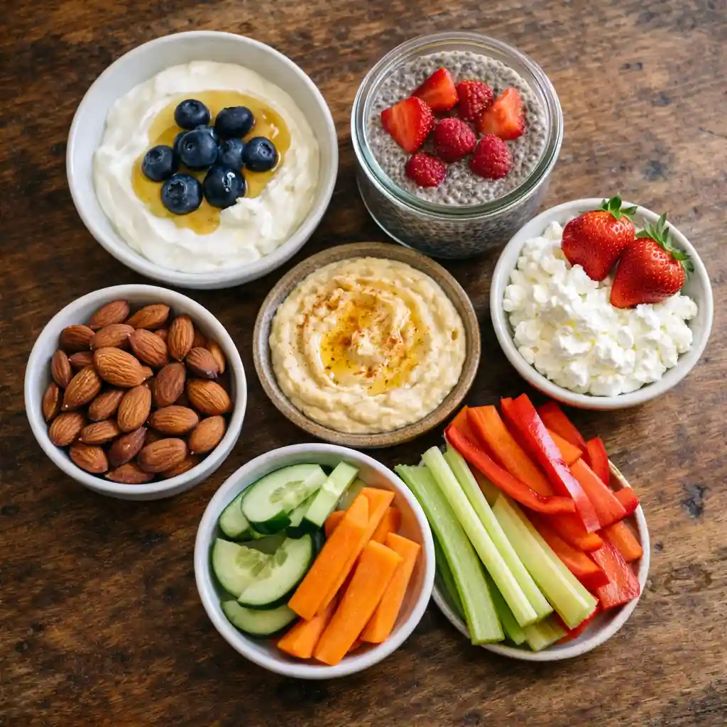 Overhead view of weight-loss-friendly snacks in small bowls
