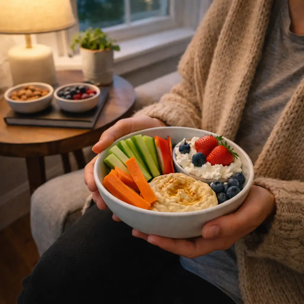 Person relaxing with a bowl of healthy snacks for weight loss in a cozy living room
