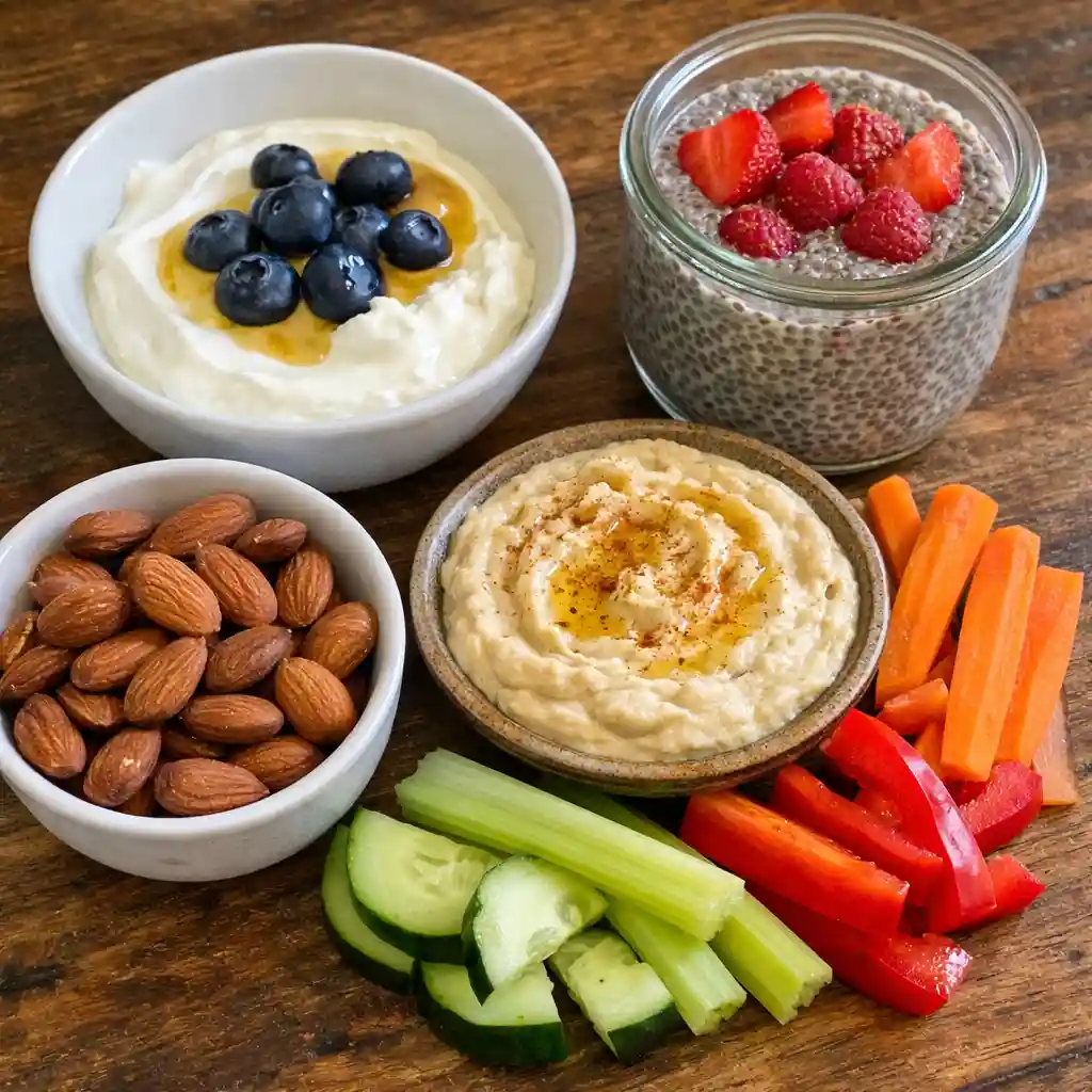 healthy snacks for weight loss arranged on a clean table with yogurt, berries, nuts, and vegetables