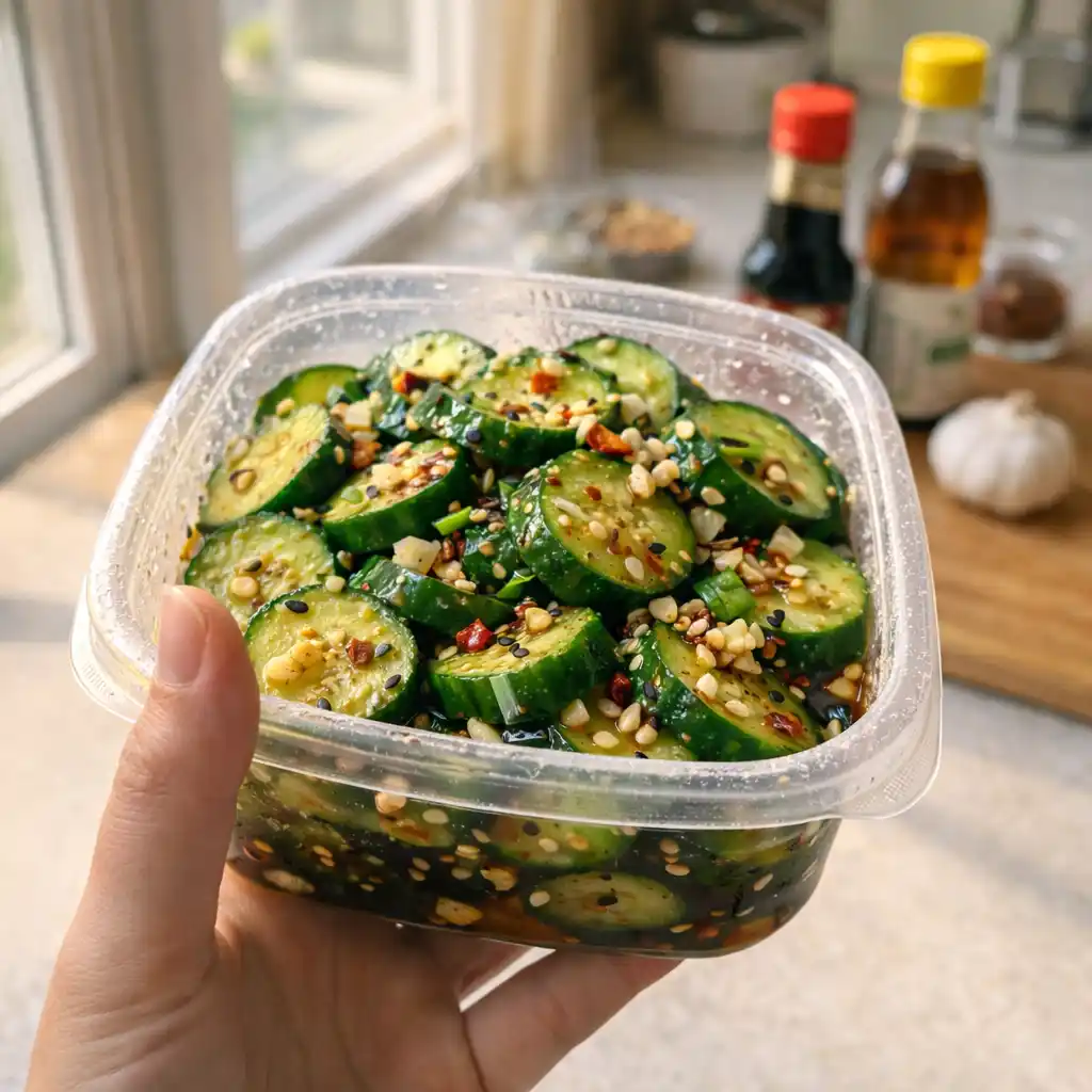 Hand holding a freshly made healthy viral cucumber salad by a bright kitchen window with natural light