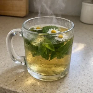 Herbal tea with mint and chamomile in a clear glass mug during fasting