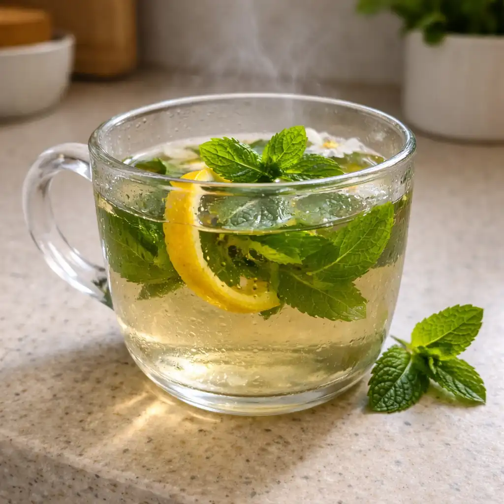 can i drink herbal tea while fasting - Clear herbal tea with lemon peel and mint for intermittent fasting