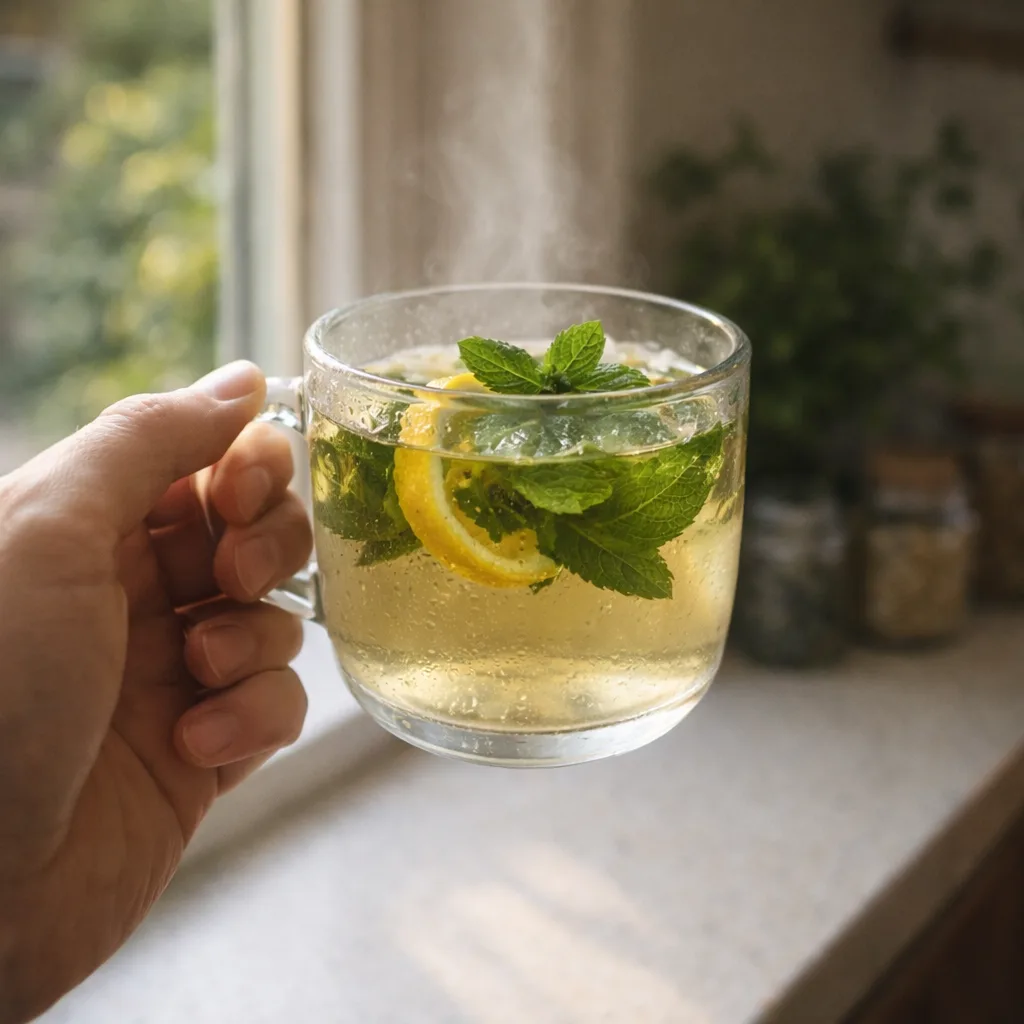 can i drink herbal tea while fasting - Hand holding herbal tea by kitchen window during morning fast