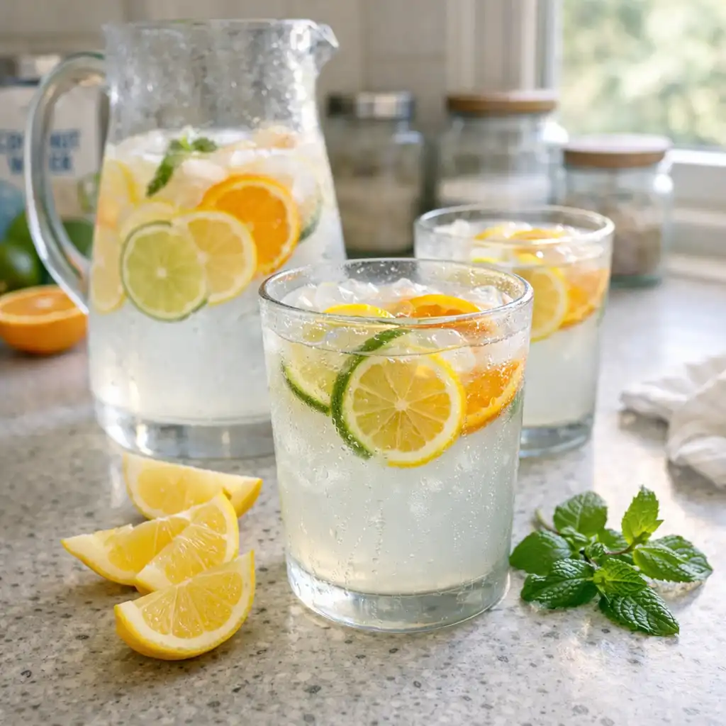 Featured homemade electrolyte drink in a pitcher and glass – citrus and mint hydration drink