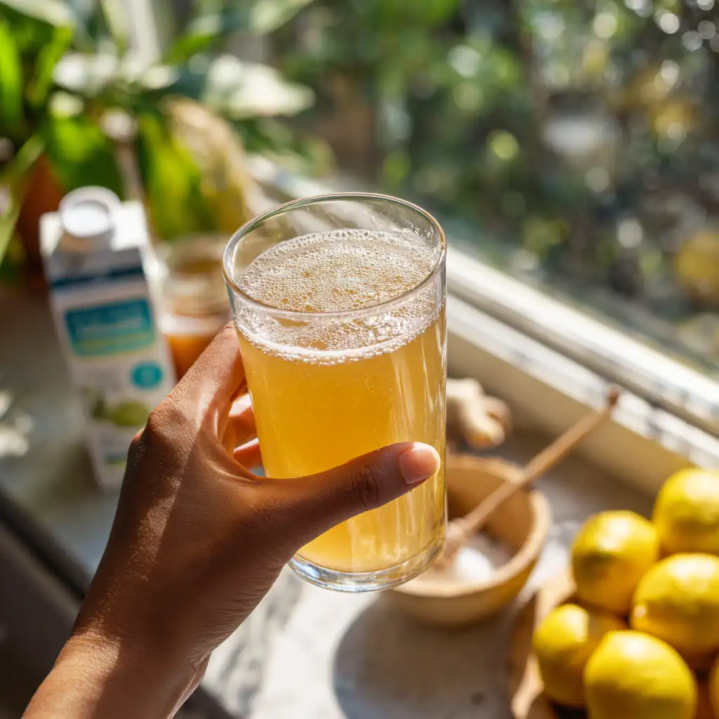 Mason jar of homemade electrolyte drink with lemons, limes, salt, and honey on a rustic table